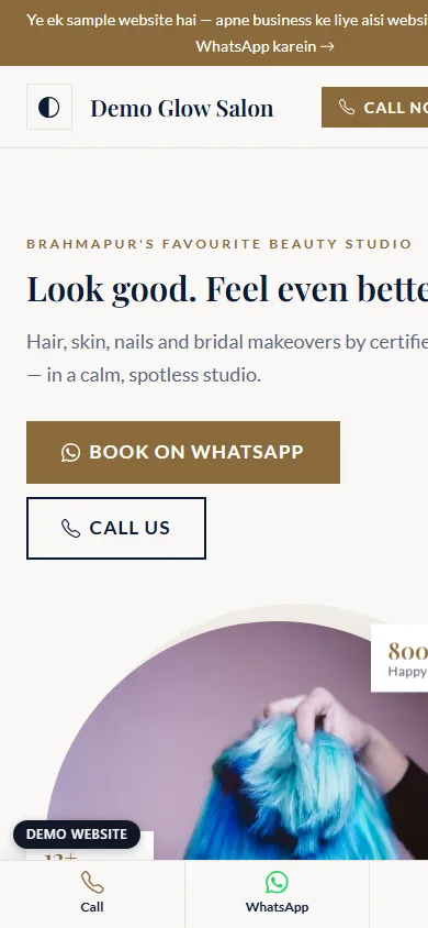 Demo salon website on a mobile phone