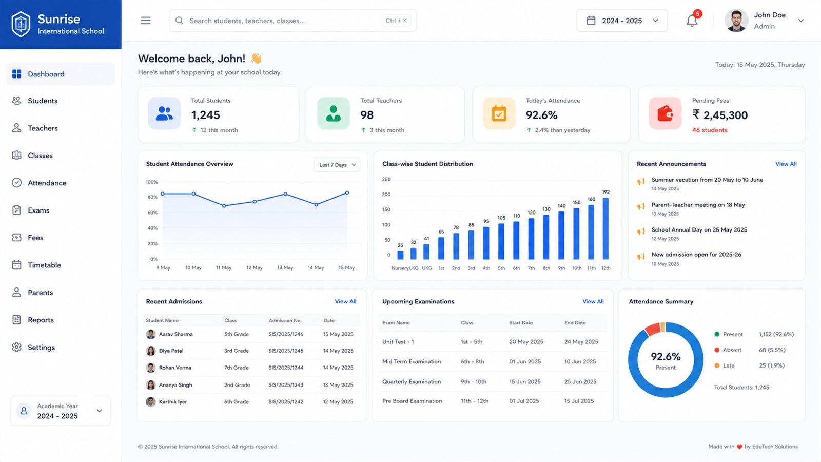 School management software dashboard concept — students, attendance, fees, and exams